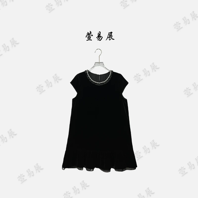 萱易展-100桑蚕丝精致轻奢手工捏褶钉珠花边裙摆连衣裙-QZ071401