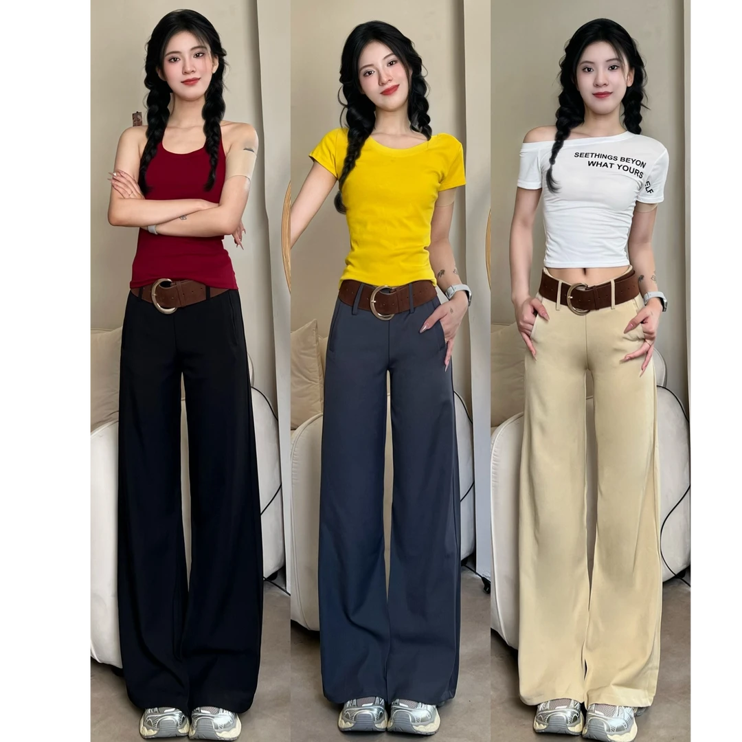 黑色中腰2025休闲裤女春夏卡其长裤宽松阔腿裤拖地西装裤灰