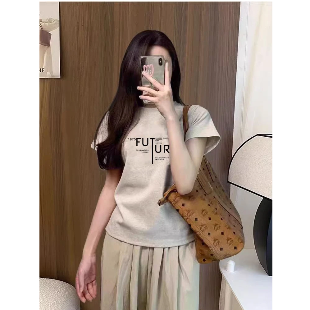 正肩圆领纯棉半袖女2025新款打底衫宽松休闲洋气薄款短袖上衣夏季