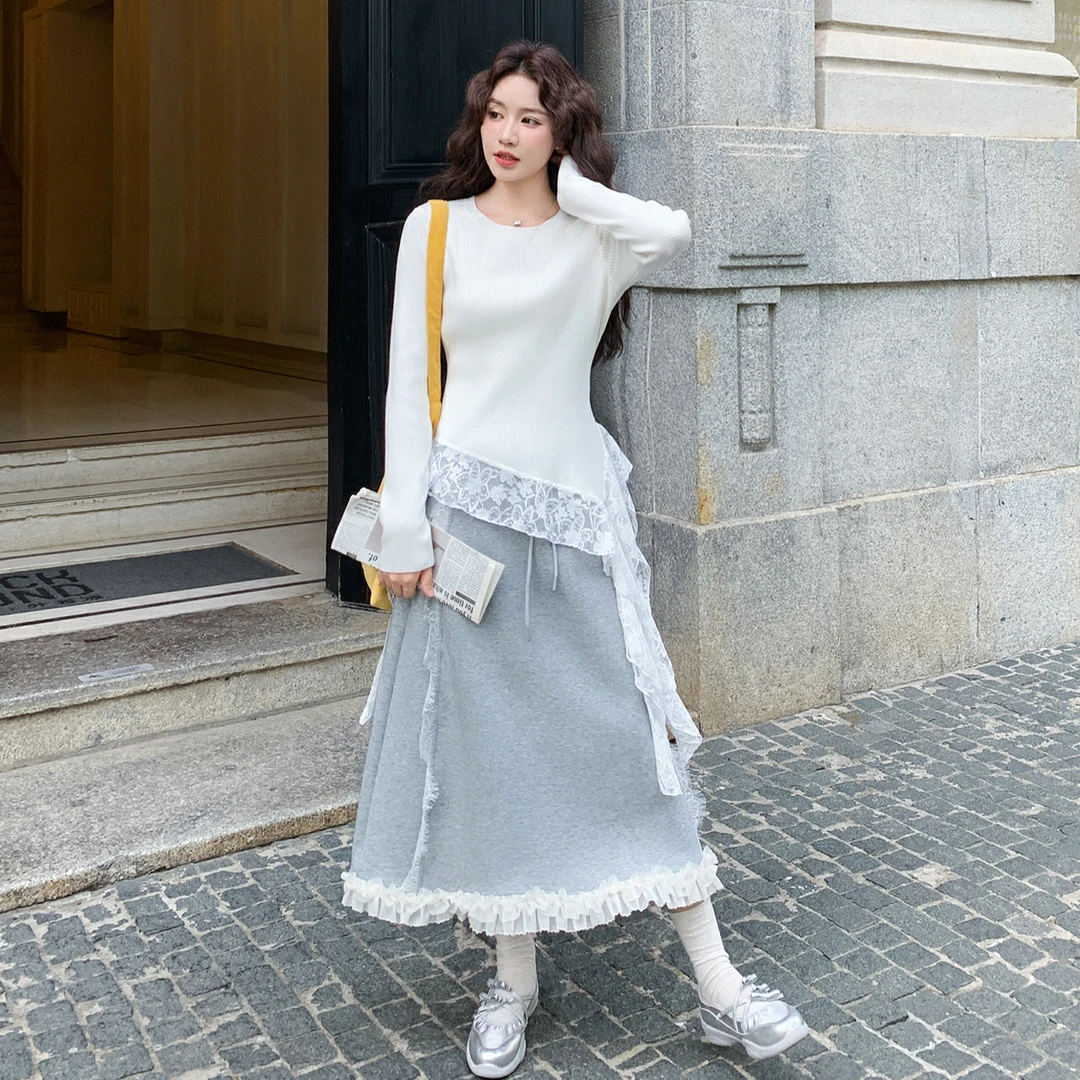 韩系甜美慵懒风时尚套装女秋季新款高级感蕾丝拼接上衣半裙两件套