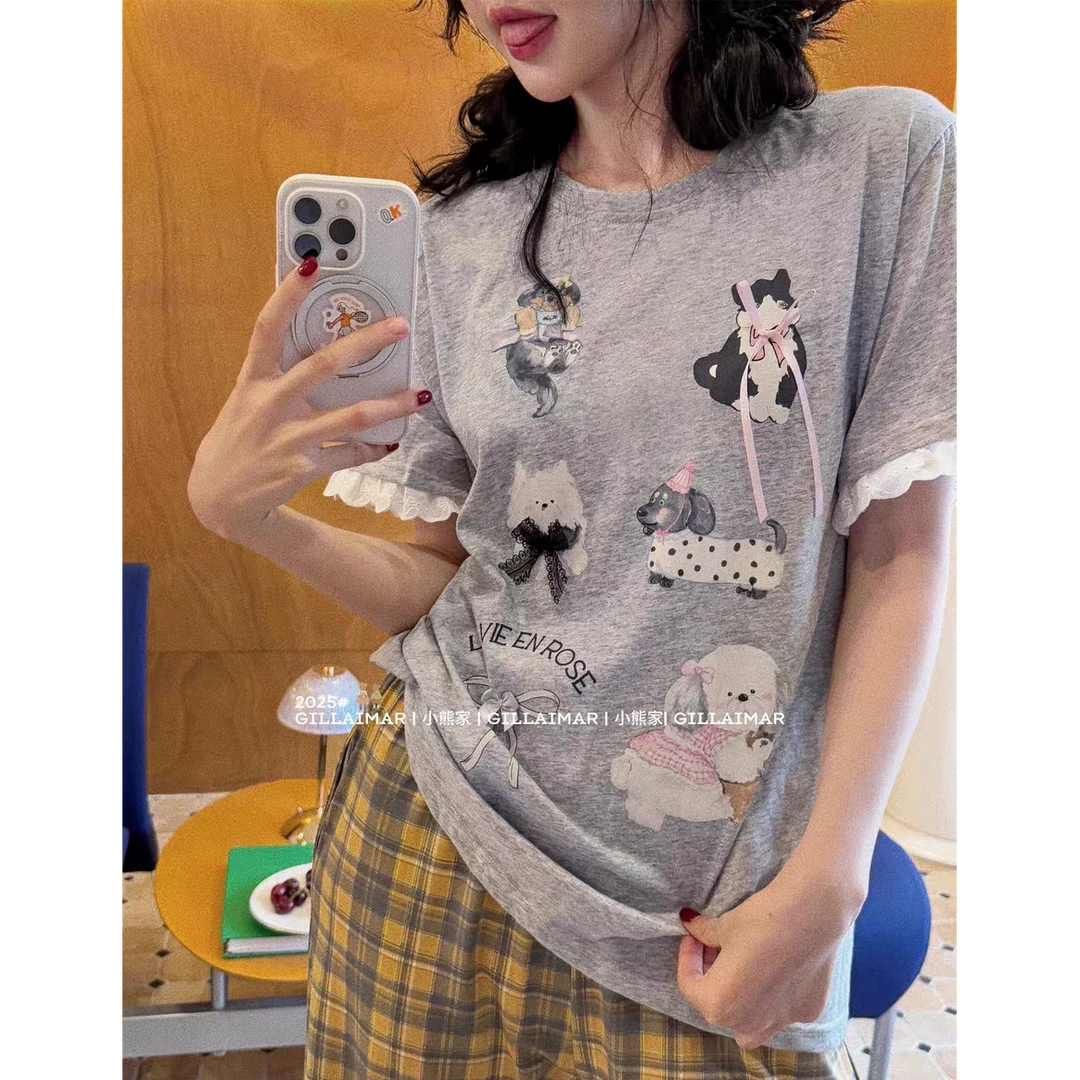 小熊家正品2025春夏新品可爱甜美格子狗狗睡衣女家居服套装可外穿