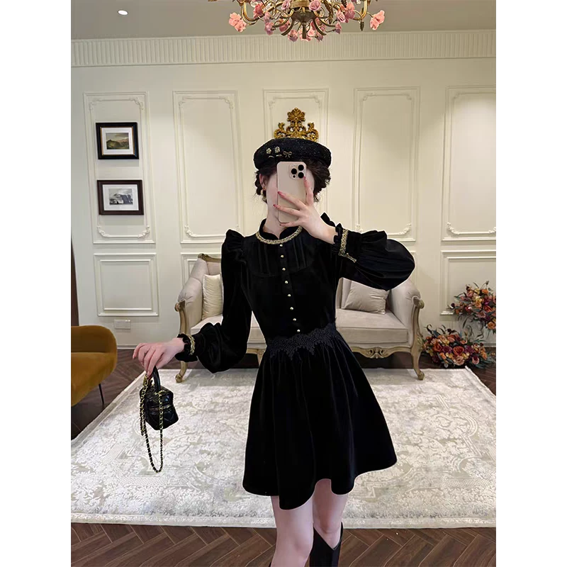 一生罗曼金色宫殿2.0法式连衣裙女秋款新款气质立领裙8414花