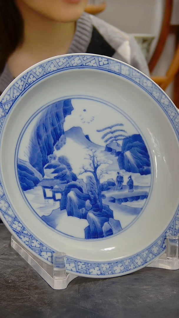 瓶青花人物纹折沿盘#1091#