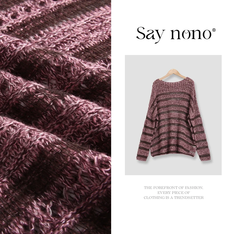 Saynono【懒猫nono】羊绒混纺镂空花纱一字领休闲针织衫/SZ08140