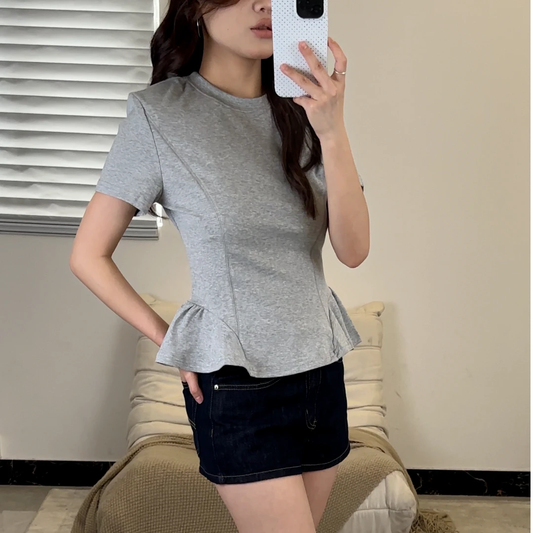 【清】2025夏季新款垫肩圆领荷叶边拼接短款短袖T恤百搭上衣80278