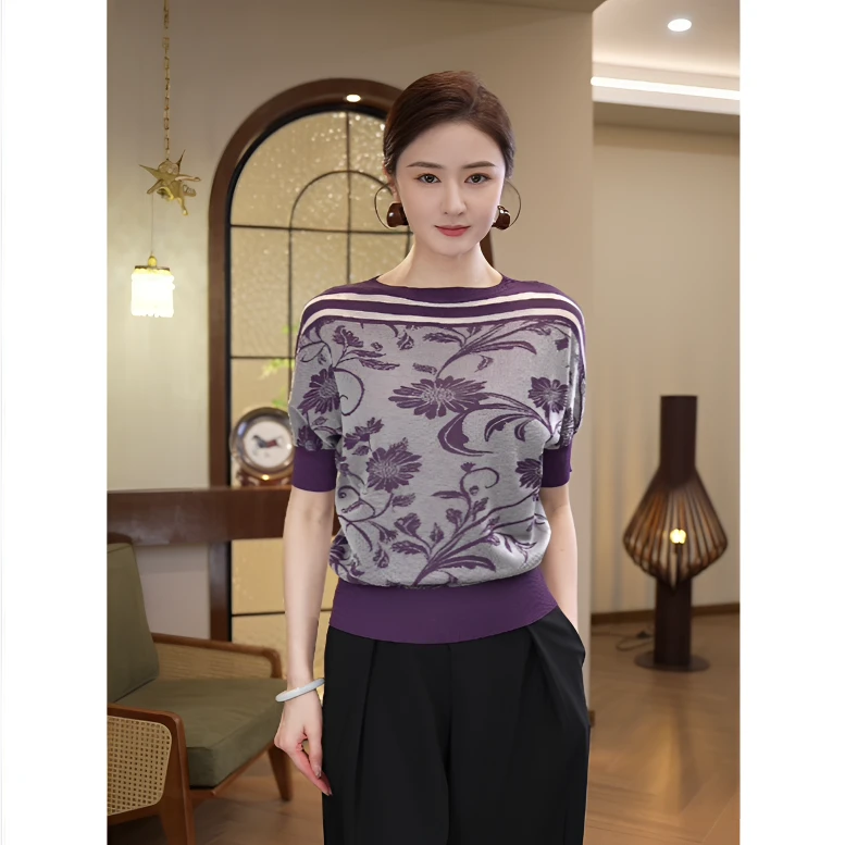 现货2025夏季新款【5662】时尚休闲设计感曲珠冰麻紫色针织小衫上衣