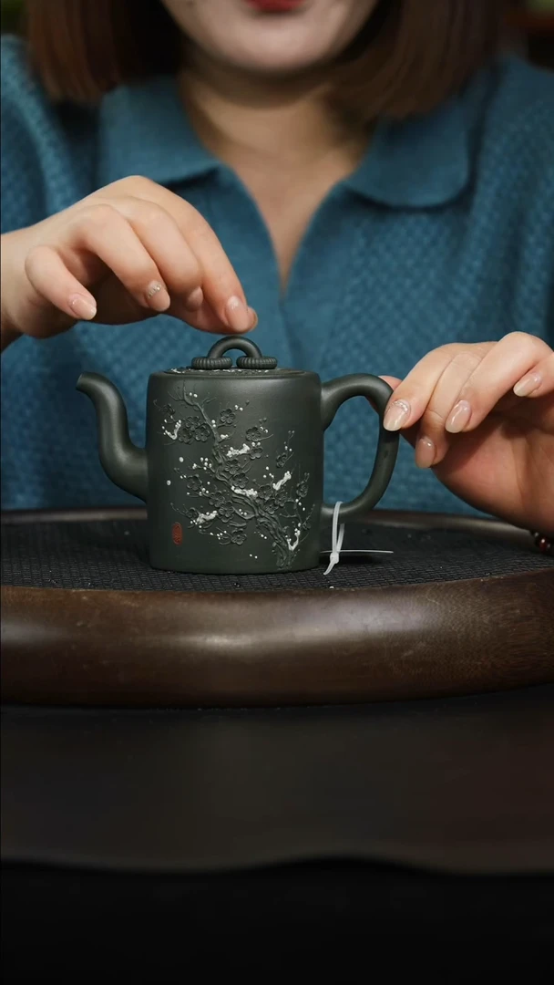 茶壶紫砂绿泥 泥绘双圈