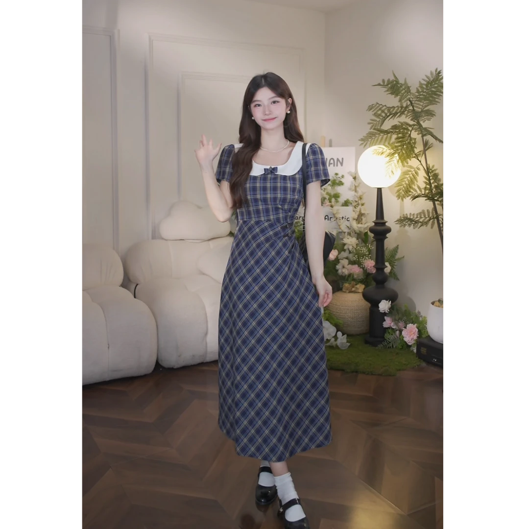 鹿向南【盛夏物语】夏季新款韩系减龄格纹百搭气质小众连衣裙女