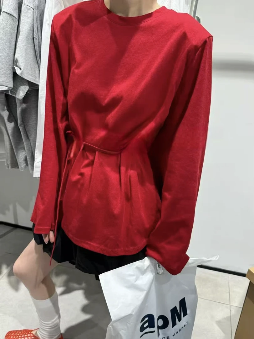 （東Room）春夏季新款纯色多色长袖抽绳腰带T恤防晒休闲宽松慵懒风