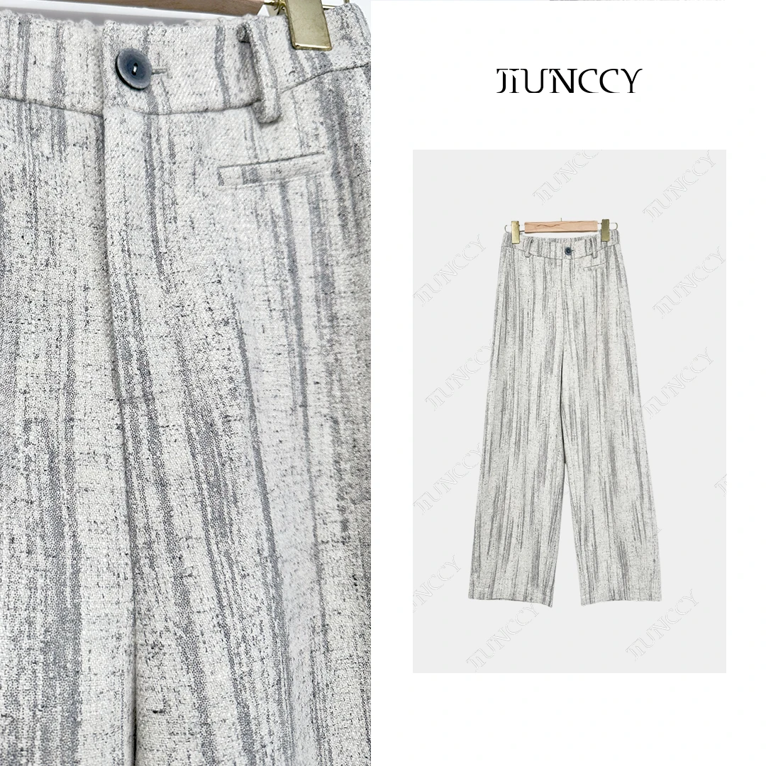 JIUNCCY【青染】加厚磨毛感亚麻树皮纹老钱风后松紧直筒长裤42CK098