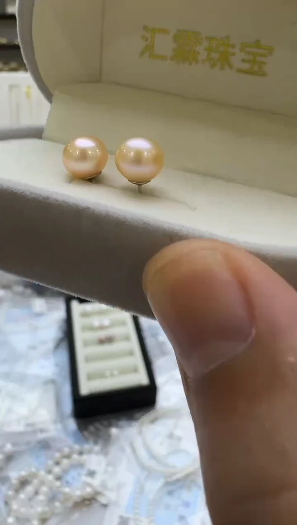 银S925镶嵌淡水珍珠耳钉8mm 中国红