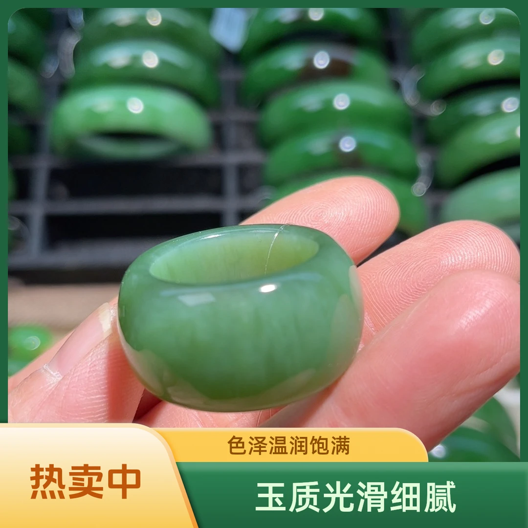 和田碧玉扳指内径22，满绿精美男款菠菜绿