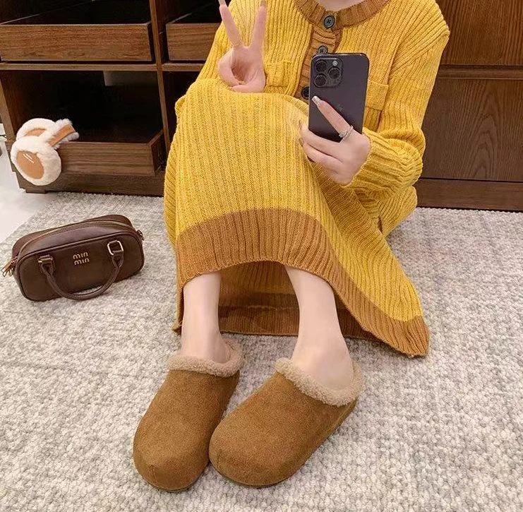 复古勃肯毛毛棉鞋厚底包头半拖女鞋4980