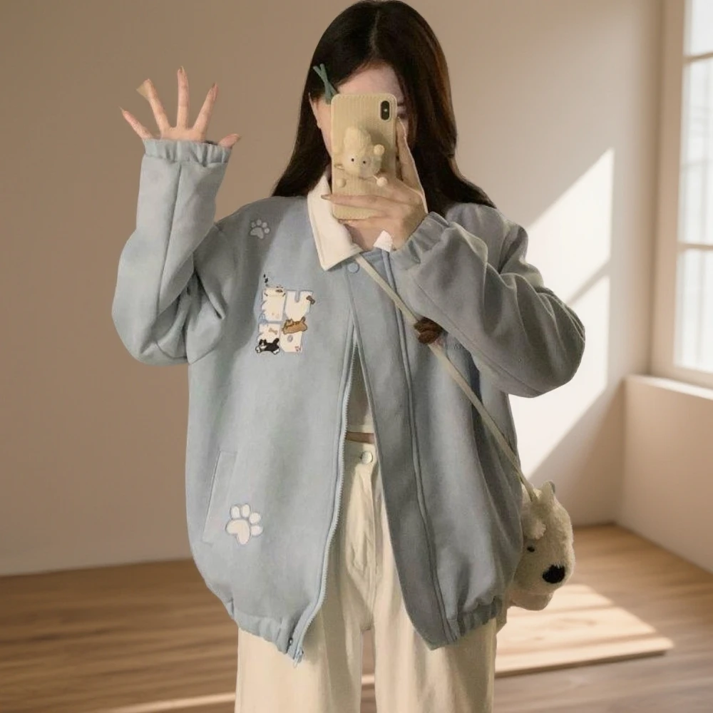 复古美式刺绣夹克外套女春秋季新款翻领棒球服学院风休闲宽松上衣