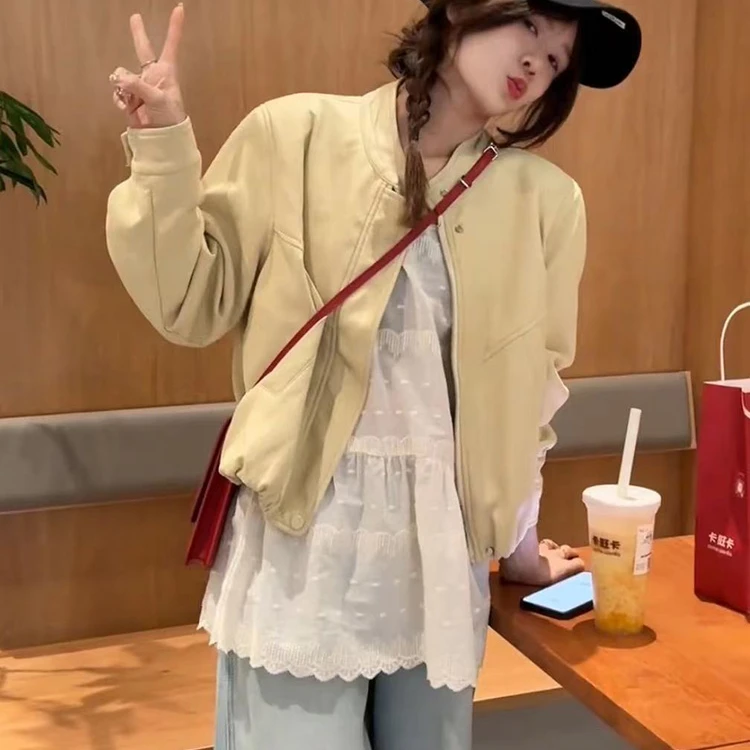 2025春季新款女士韩版宽松显瘦高级感立领蛋白皮衣外套夹克上衣潮