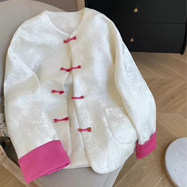 新中式提花圆领拼接长袖外套女国风别致改良旗袍上衣2025早秋新款