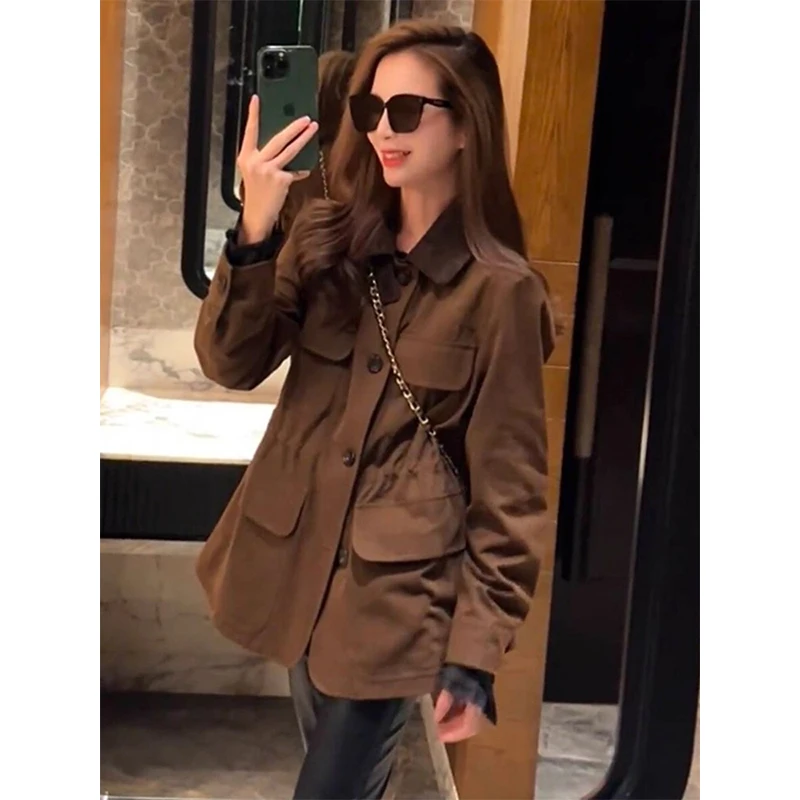 欧洲站2025秋季新款时尚百搭减龄纯色单排扣收腰长袖韩系外套女潮