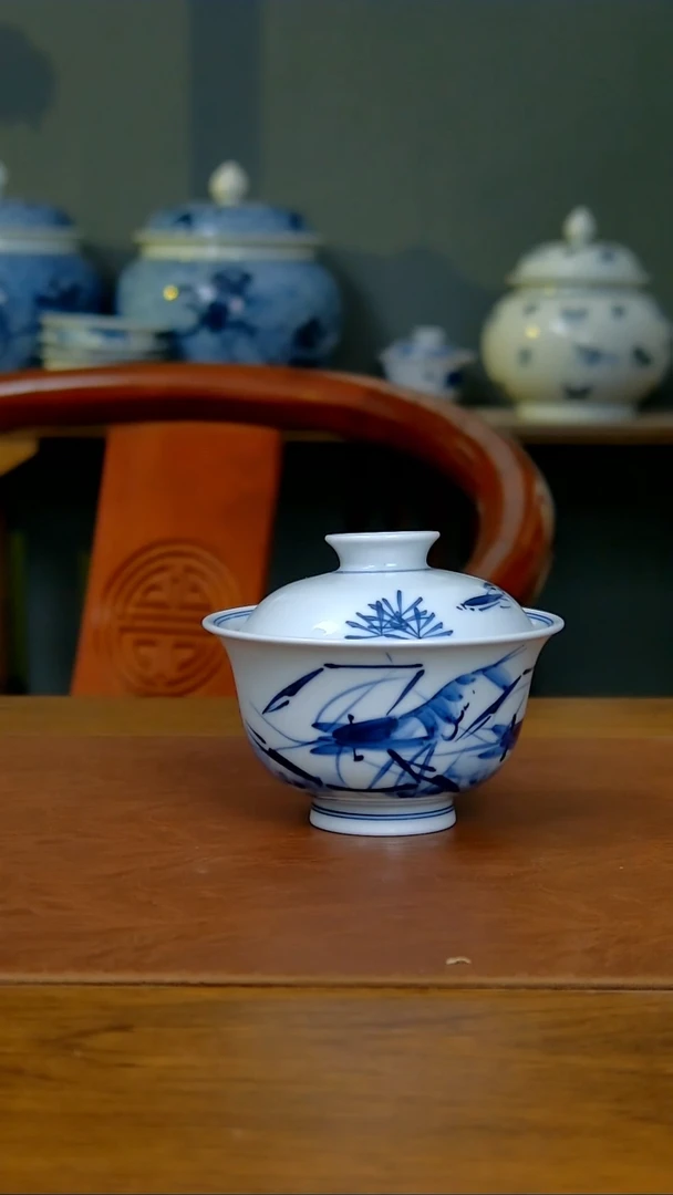 陶瓷写意虾趣两才盖碗