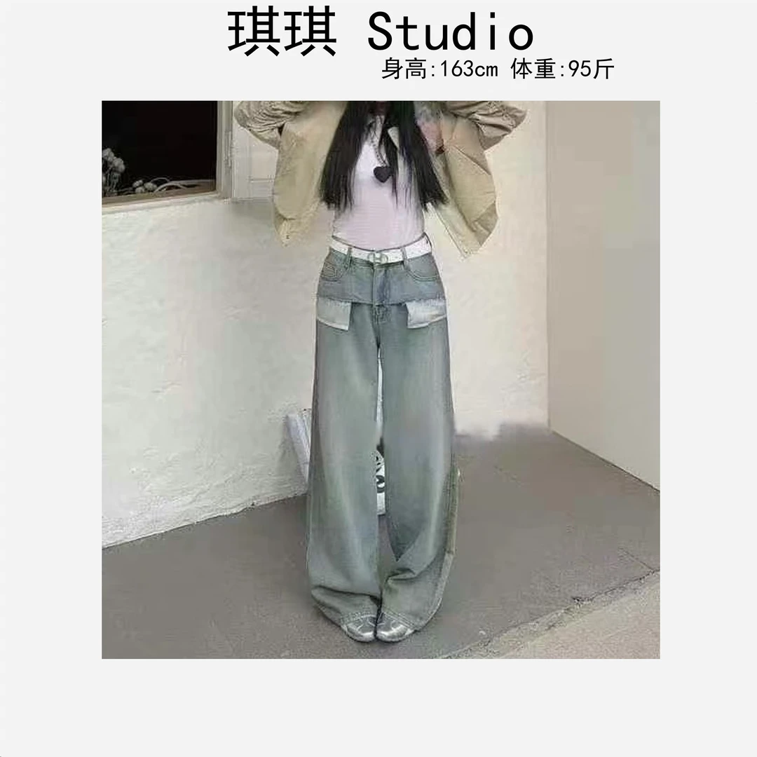 春季新款设计感毛边半露口袋气质时尚宽松显瘦减龄牛仔裤89878-G