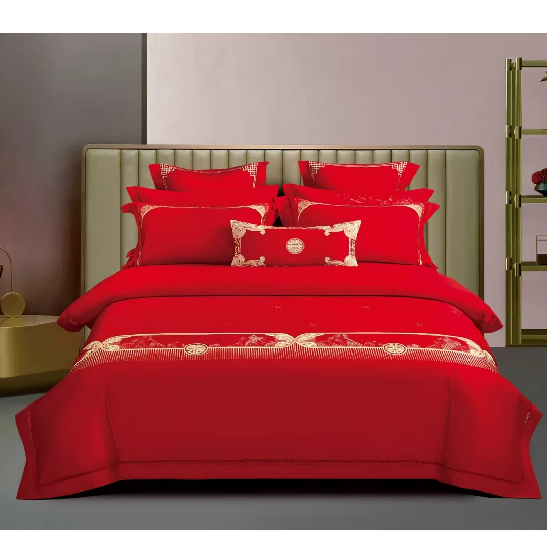 高端天丝棉100支刺绣工艺中式婚庆喜被四件套