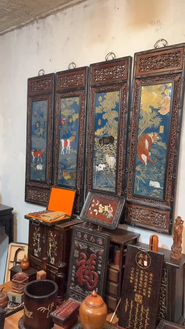 非洲紫檀（红花梨）1米2高四条屏