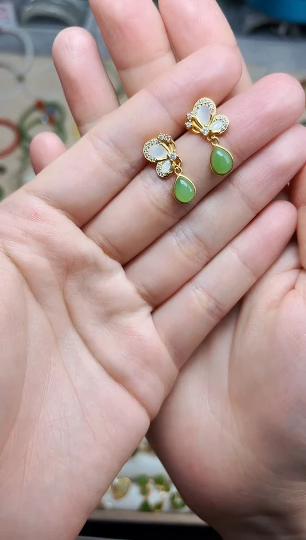 和田玉银S925镶嵌耳饰蝴蝶耳坠06