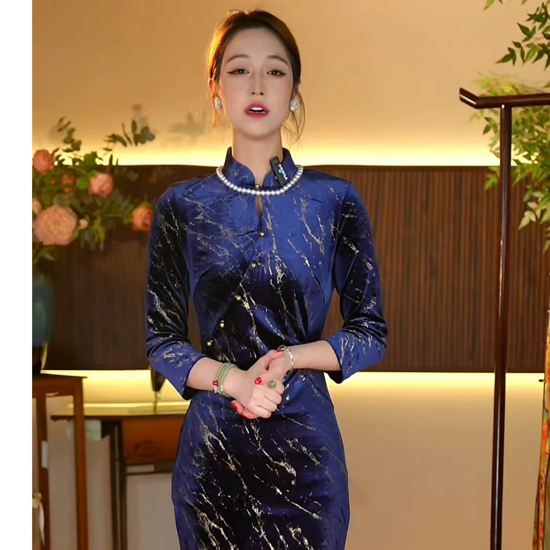 日常一字扣长袖立领高腰裙旗袍时尚双面提花秋冬复古气质网红重磅