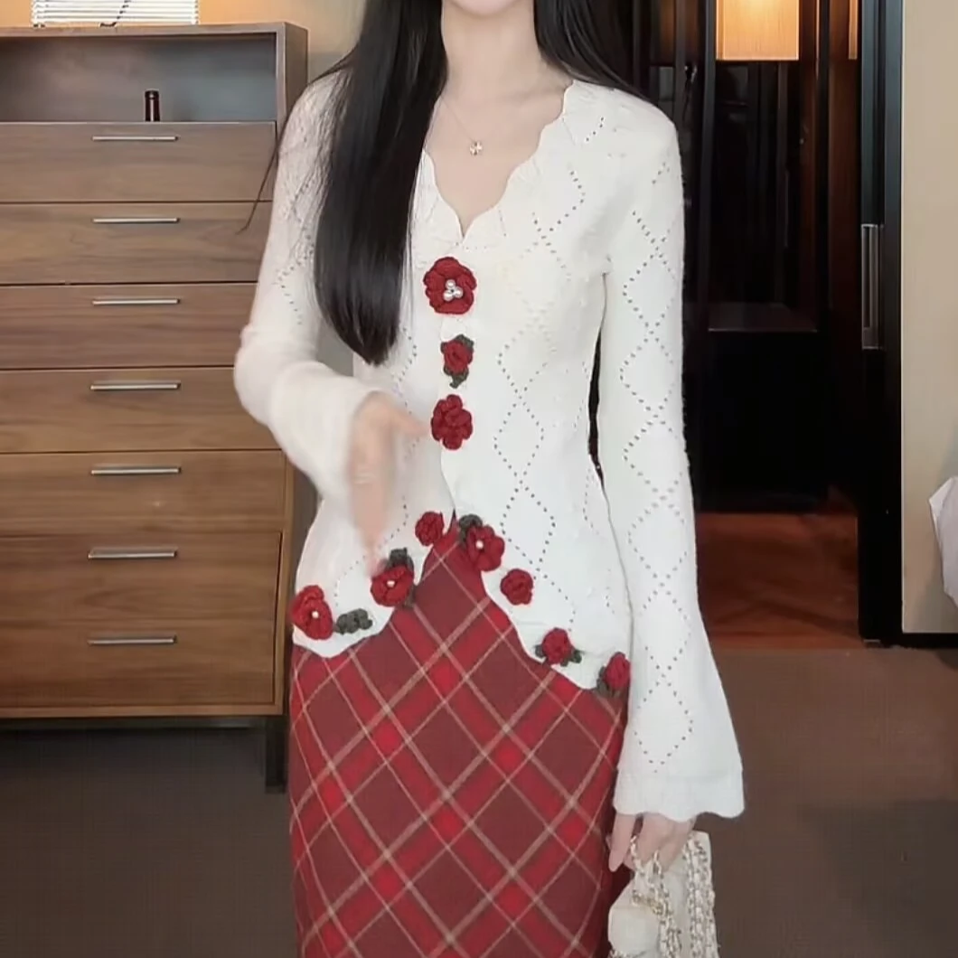 【甜心】法式杏色毛织手钩花毛织开衫气质针织衫少女感洋气时尚上衣