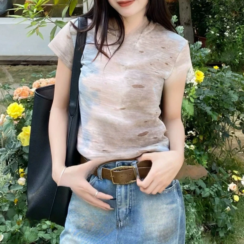 设计感小众渐变色重工短袖T恤女025春夏新款休闲正肩显瘦圆领上衣