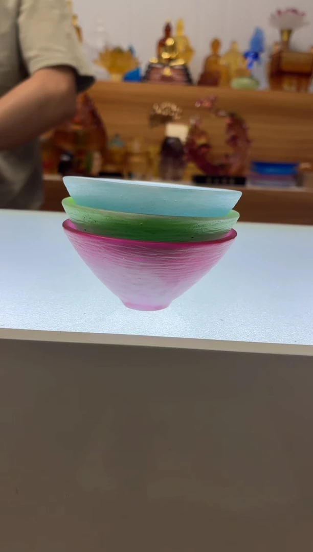 琉璃手工艺品一***造混烧茶杯绿色蓝色金红色三个一套