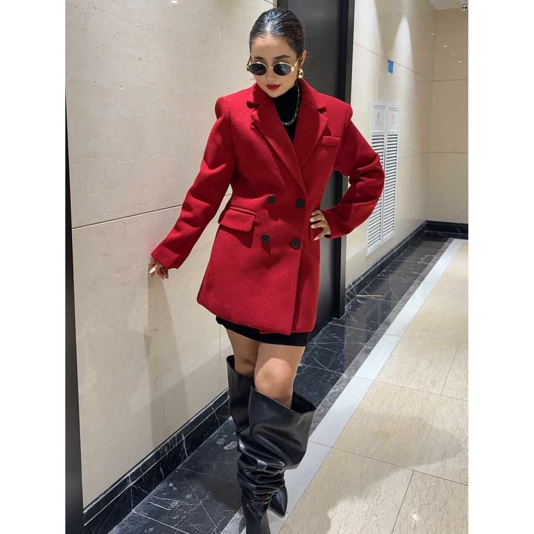 新款加棉双排扣收腰短款毛呢大衣26286