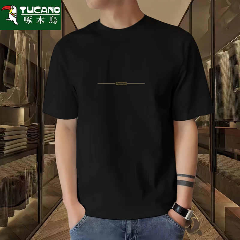 啄木鸟新款夏季欧美独立站男士T恤纯棉打印运动衣简约款短袖男