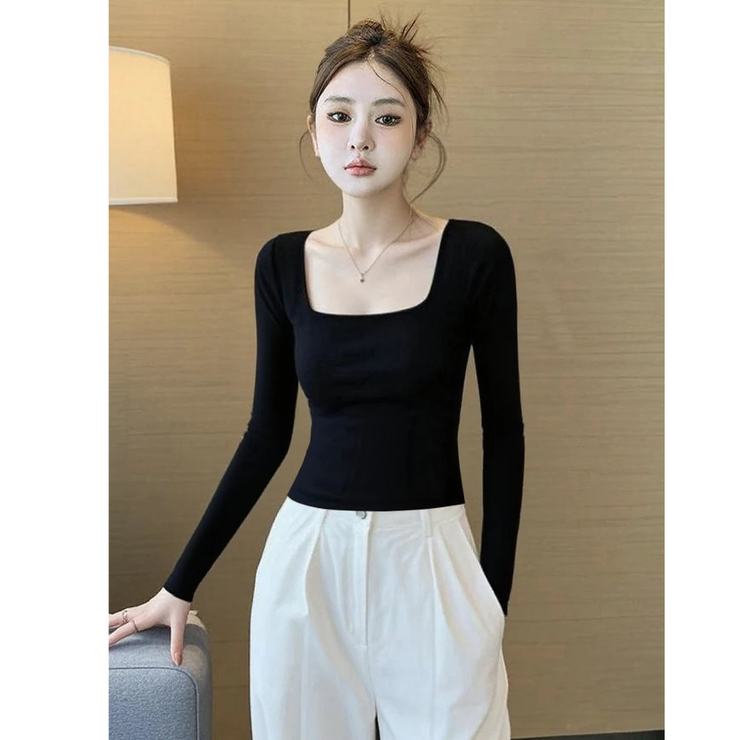 打底衫女内搭春秋冬季新款低领长袖T恤方领齐腰短款黑色洋气上衣