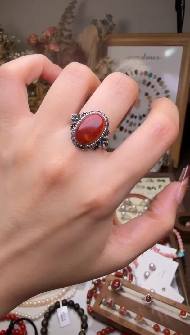 银S925镶嵌南红玛瑙戒指戒指