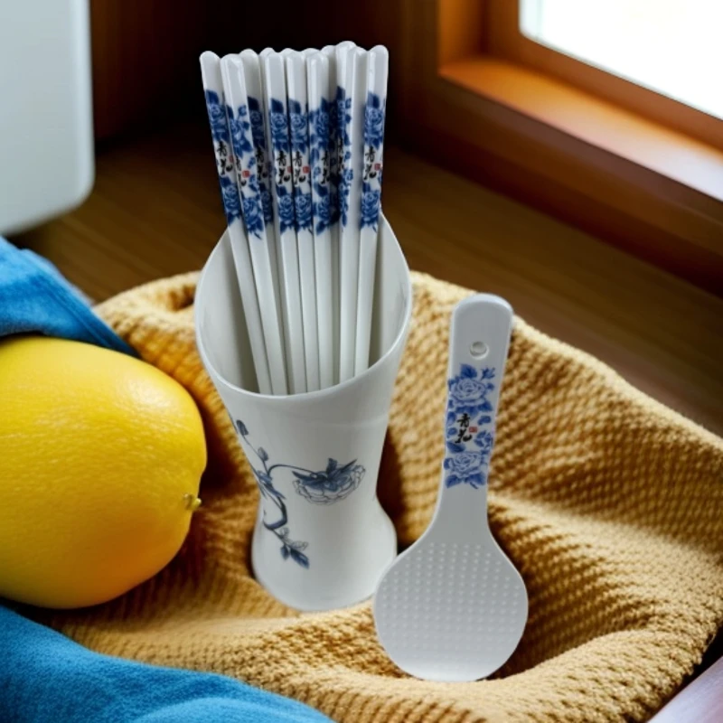 景德镇高温青花陶瓷筷子筒加10双筷子送米饭铲勺子非遗好物买什么