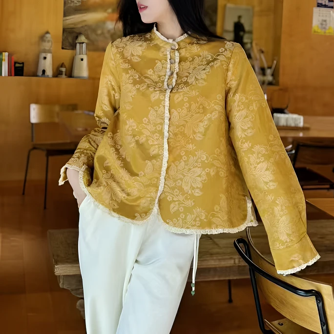 XQ早春桑蚕丝棉麻混纺提花衬衣拼蕾丝花边中式国风极简衬衫女上衣