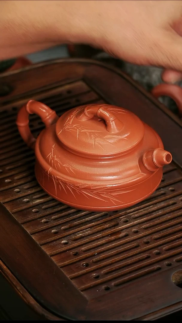 茶壶紫砂宜兴紫砂红泥双线矮竹鼓250毫升