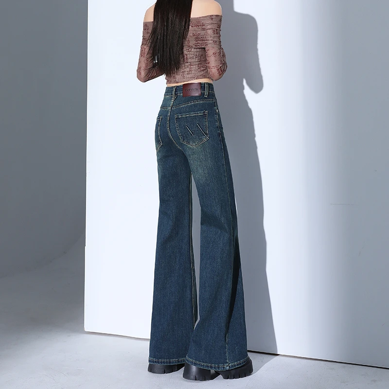 2025秋冬季新款加绒加厚复古微喇牛仔裤高腰显瘦拖地垂感阔腿裤女