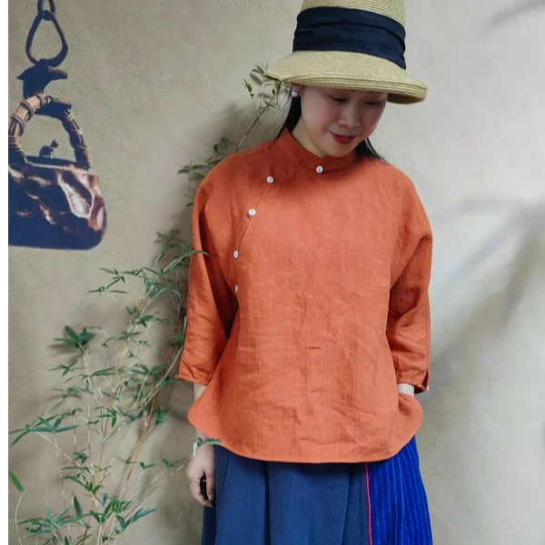 福利款【清雅】素荷自制 中式亚麻上衣立领宽松百搭复古夏