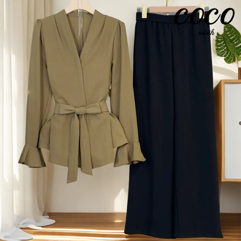 【两件套】2026秋季法式气质长袖上衣+休闲裤时尚套装M651