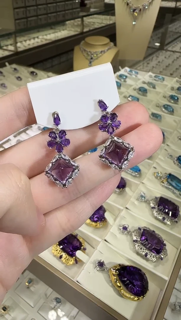 银S925镶嵌耳饰紫晶糖塔耳坠