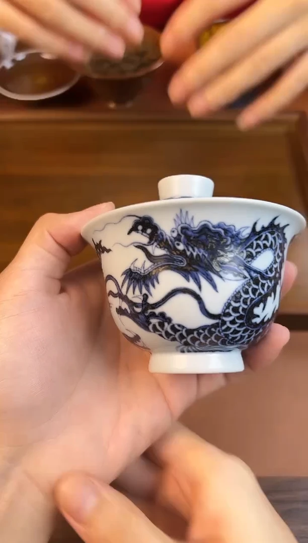 问青坊纯手工手绘青花龙纹柴窑二才盖碗