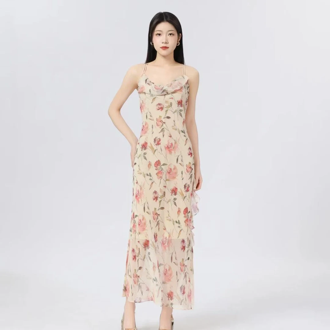 AMASS/阿玛施夏季新款法式浪漫印花荡领修身长款吊带连衣裙550045