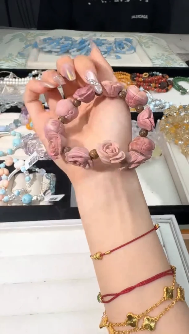 水晶手链未镶嵌N001粉花花木头设计款