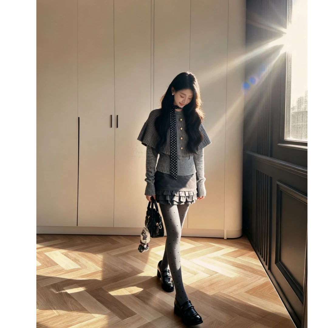 秋季网红洋气炸街女装御姐独特绝美套装斗蓬针织毛衣短裙两件套