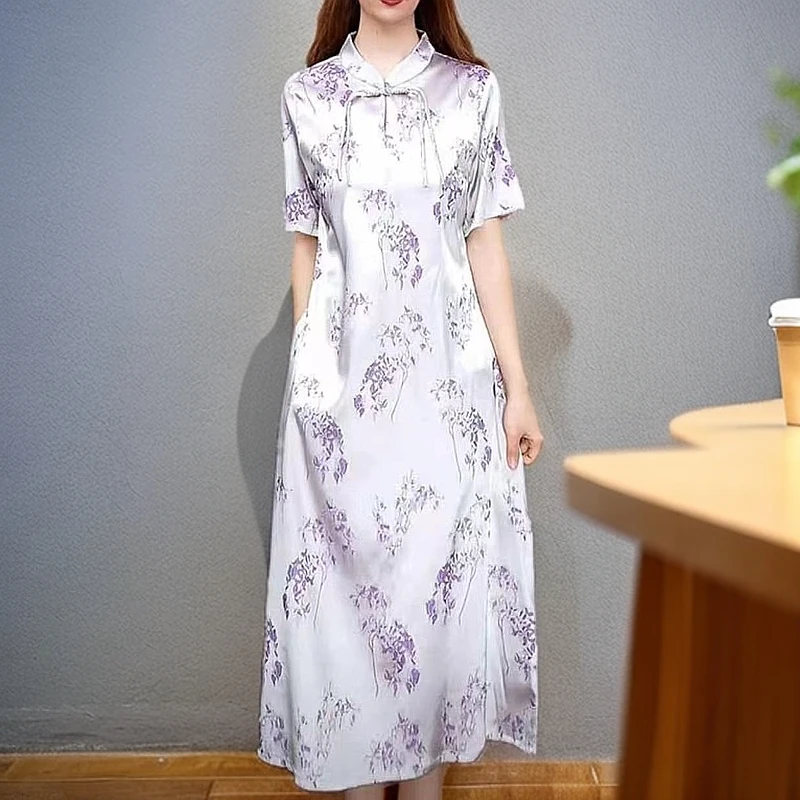 W076新中式改良旗袍连衣裙女中国风盘扣宽松遮肉显瘦复古春夏长裙