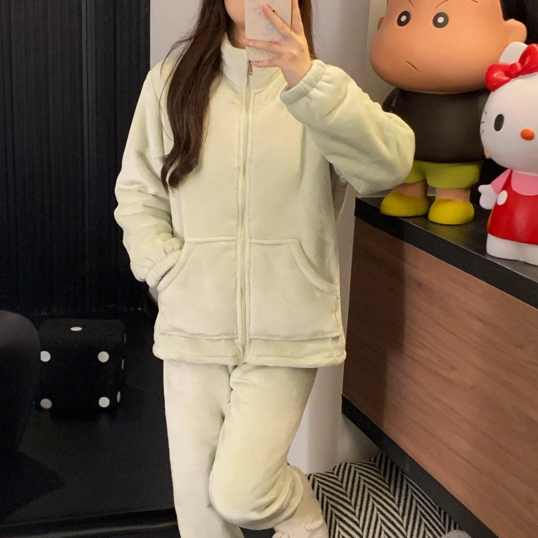 【双层睡衣】睡衣女士秋冬季拉链款加绒羊羔绒可外穿家居服套装S