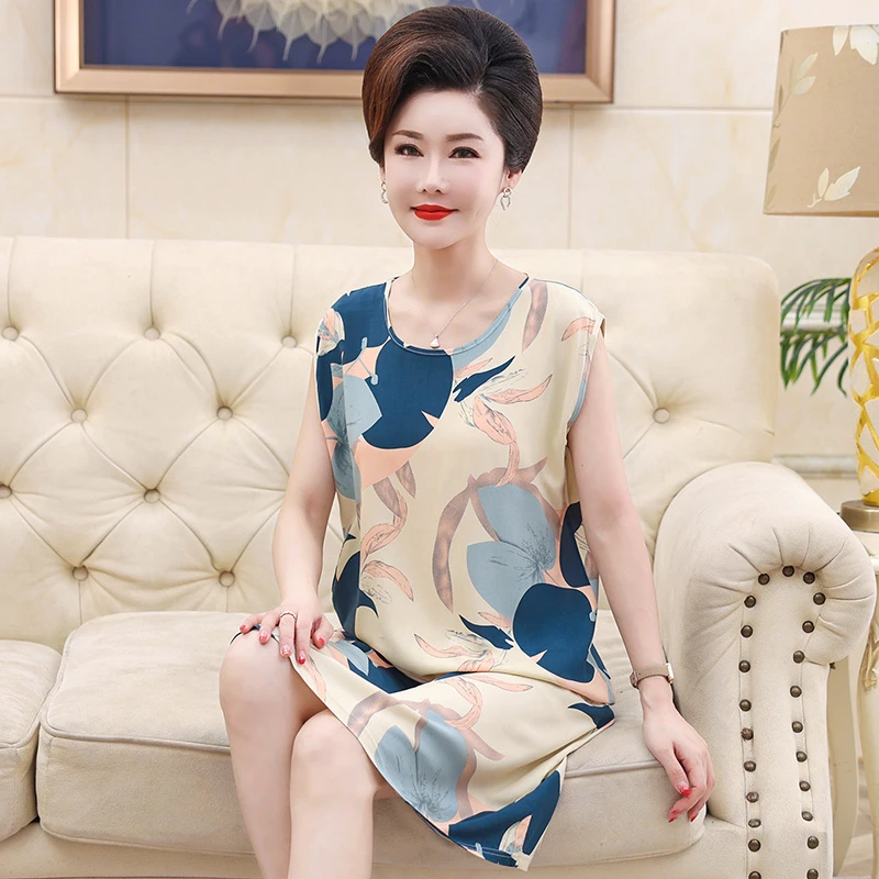 中老年睡裙女夏季棉绸背心中年妈妈女士无袖家居服夏天薄款睡衣裙
