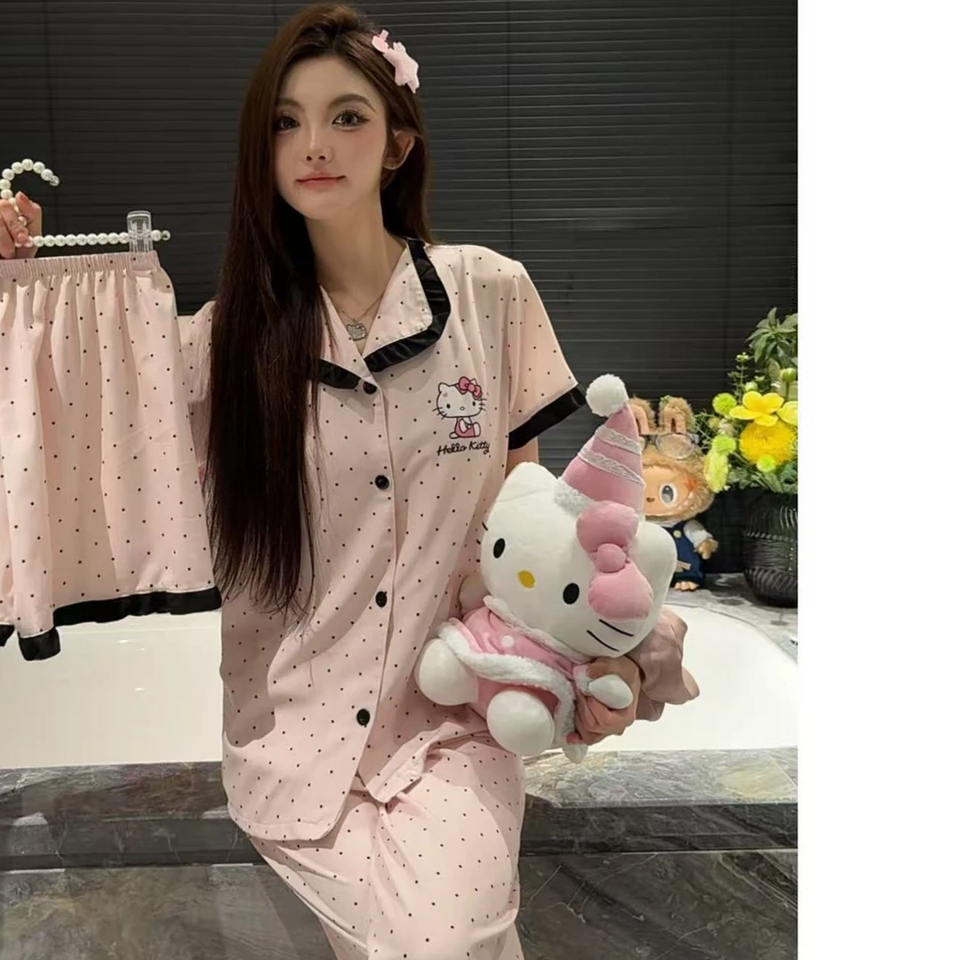 【花边Kitty三件套】夏季新款冰雪软丝短袖短裤长裤冰丝家居服套装