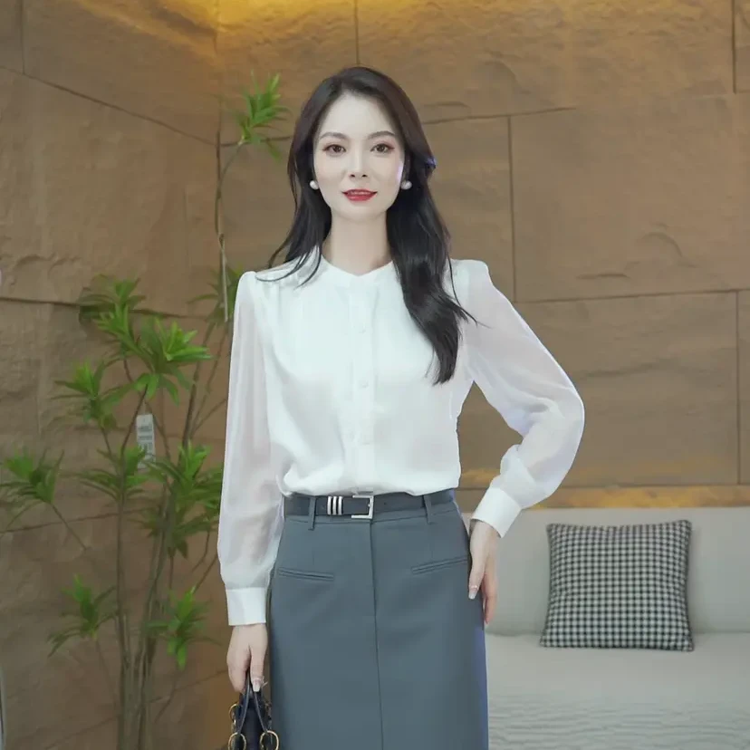 秋季新款时尚长袖衬衫圆领洋气休闲百搭小衫上衣2631#